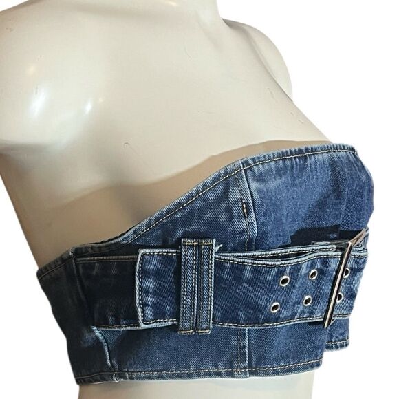 Pretty Little Thing Denim Mini Bandeau Buckle Vintage Wash Sz 6 NWT - Picture 3 of 9
